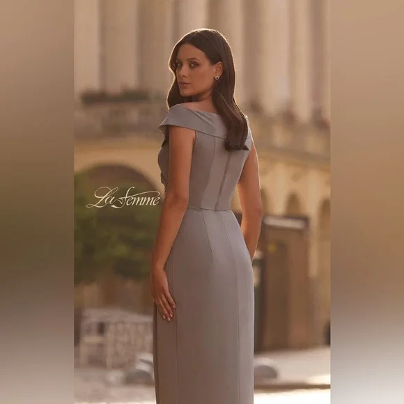 La Femme 25206 Surplice Off The Shoulder Navy Blue Evening Dress Maxi Gown Event